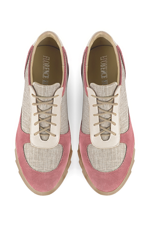 Dusty rose pink, natural beige and off white women's three-tone elegant sneakers. Round toe. Low rubber soles. Top view - Florence KOOIJMAN
